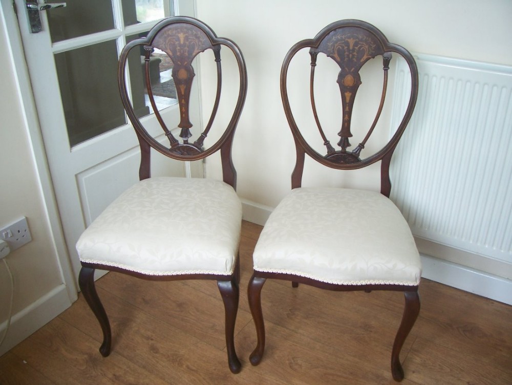 Pair Mahogany Inlaid Side Dining Chairs c1900