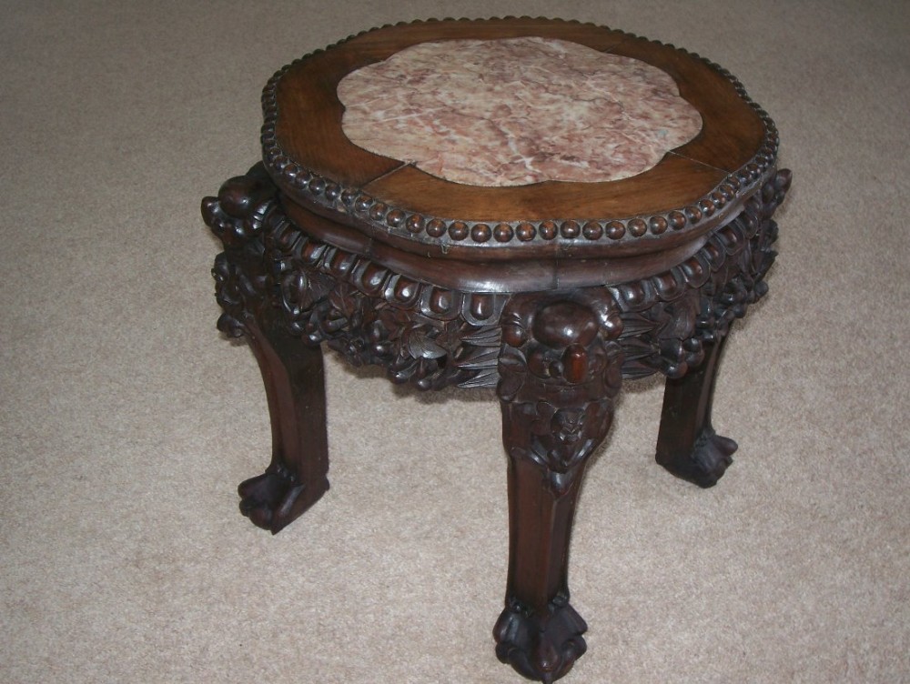 Late c19th Chinese carved marble top urn stand table