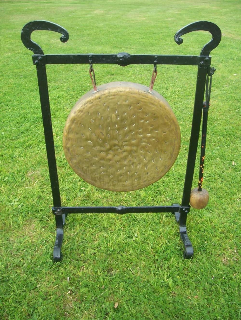 c19th wrought iron & brass floor standing dinner gong