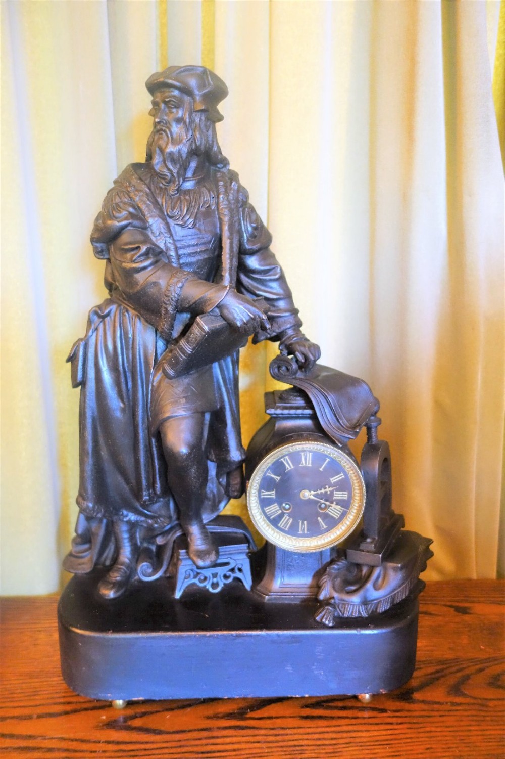 Imposing Figural French Spelter Mantle Clock of Johannes Gutenberg the Inventor of the Printing Press