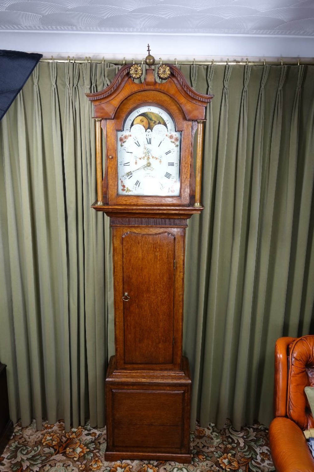 Late 18th C. Georgian (George III) Moon Phase Oak Cased Grandfather Longcase clock