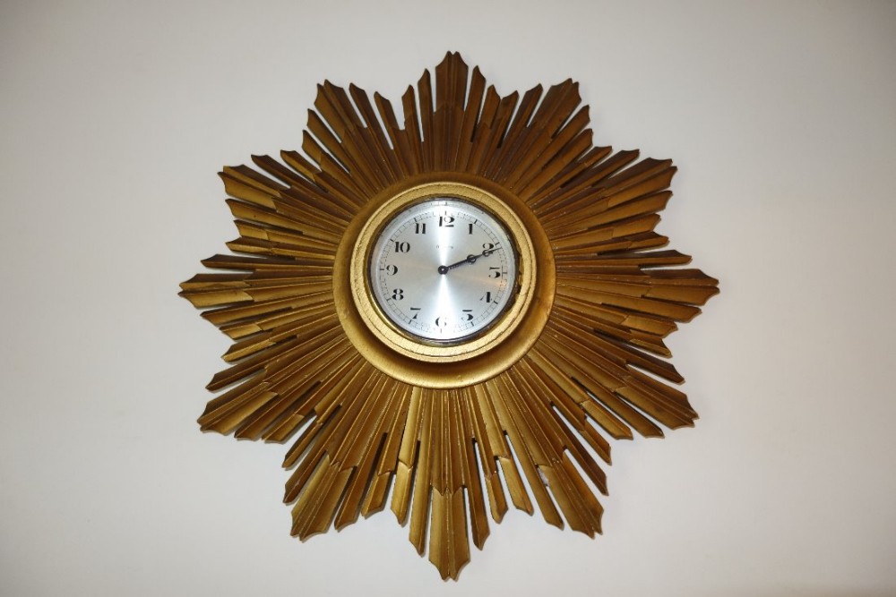 Silvered Dial Gilt Wood Sunburst 8 Day Swiss Wall Clock - Circa 1900