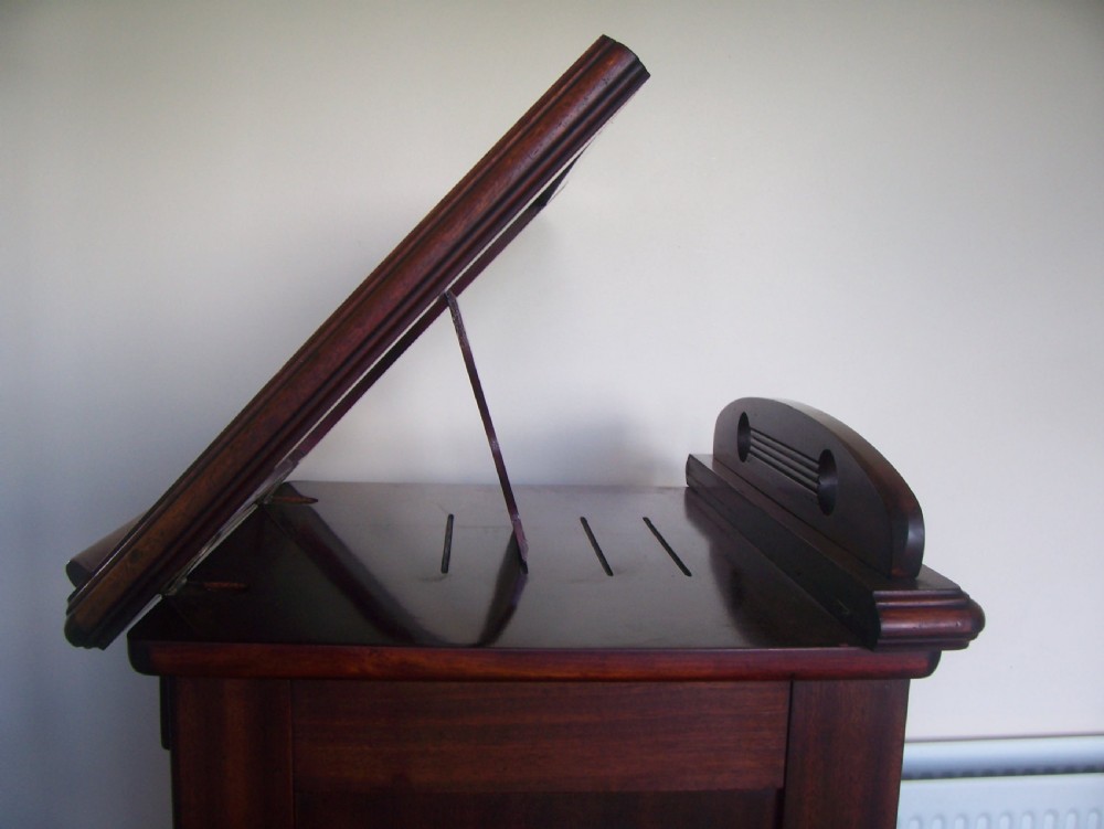 Mahogany tambour front filing sheet music cabinet with hinged easel top View V