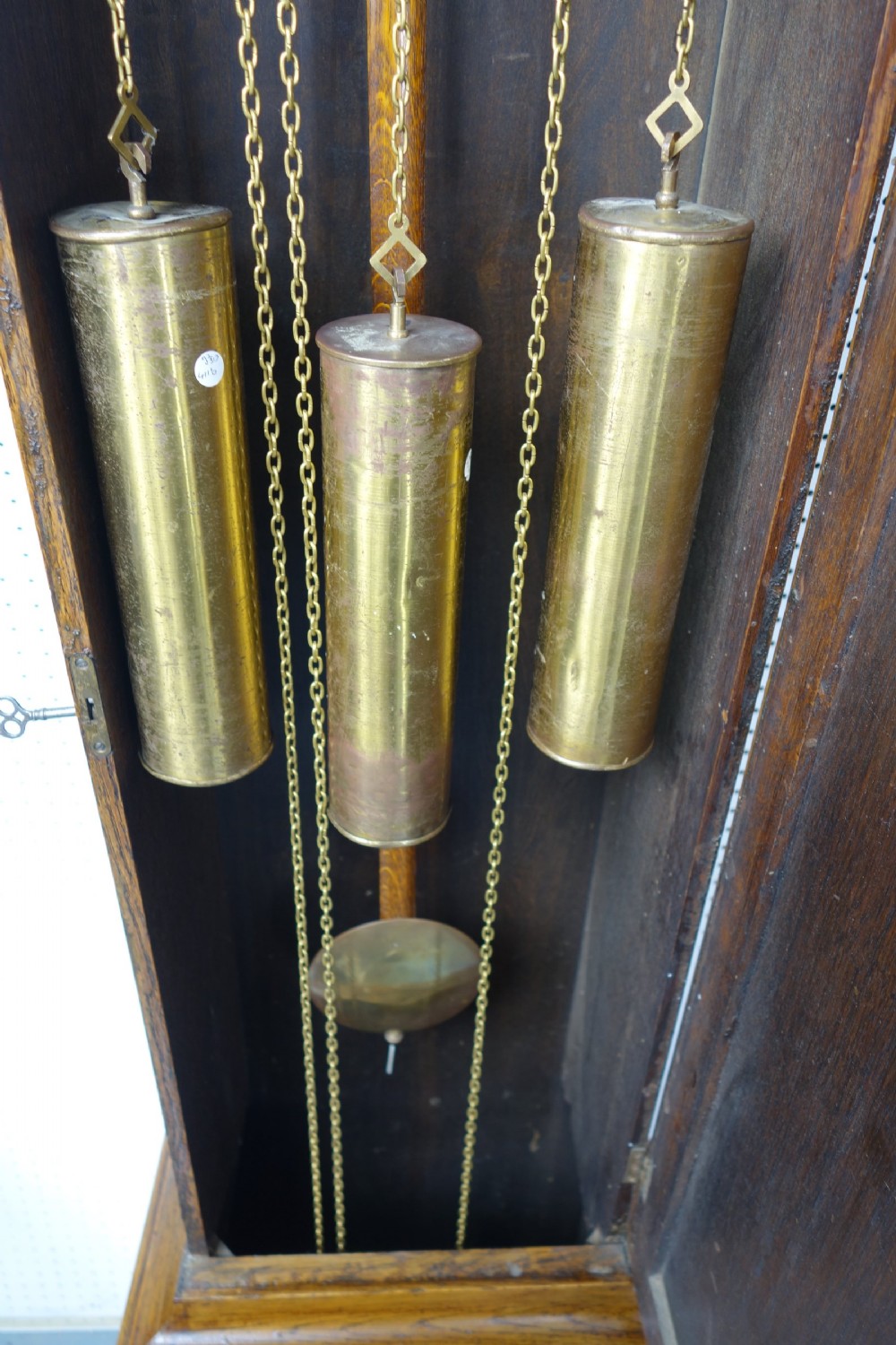 Light Honey Coloured Oak Triple Weight Westminster Chiming Grandmother or Grandfather Longcase Clock - Circa 1920 View III