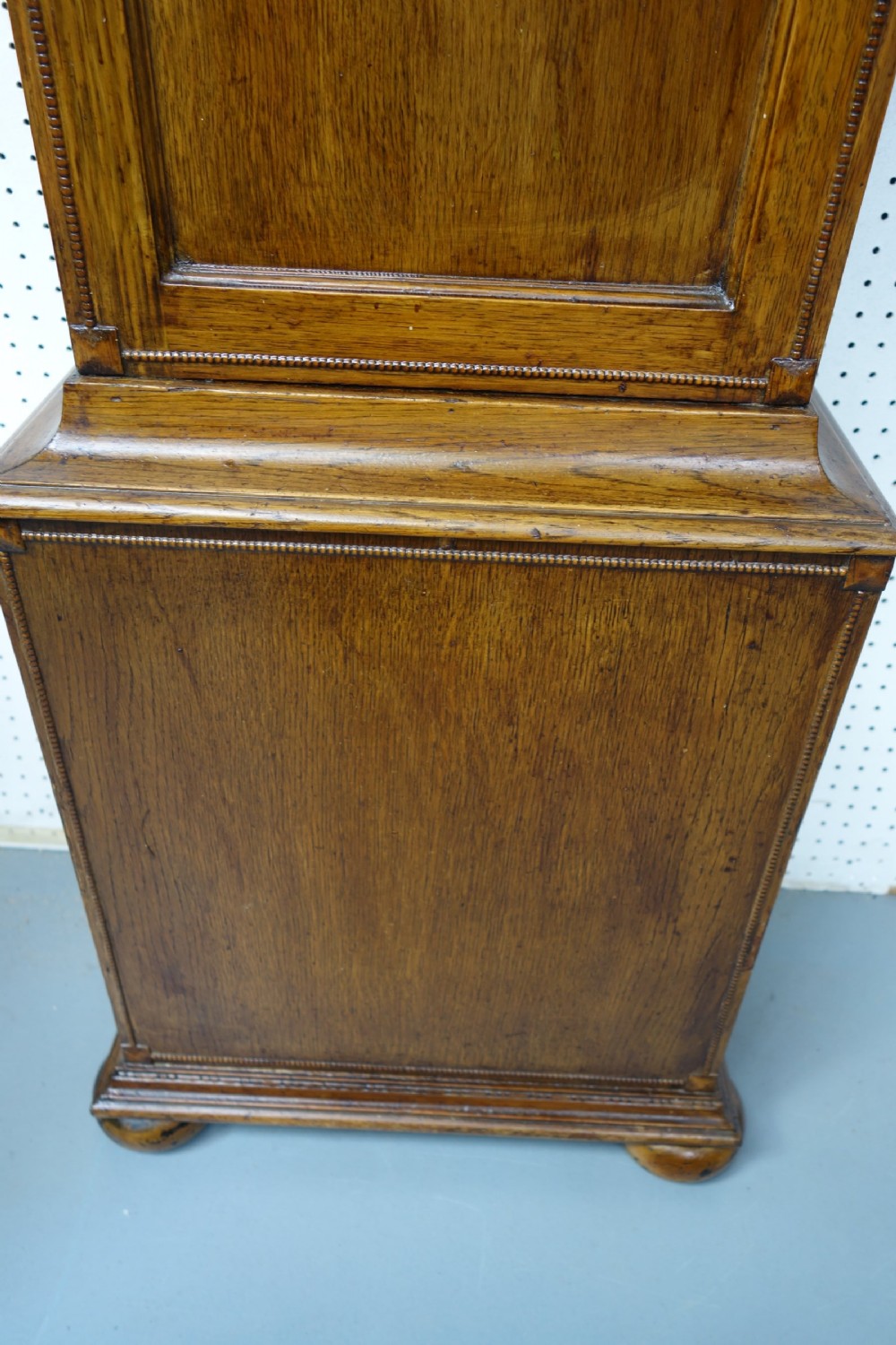 Light Honey Coloured Oak Triple Weight Westminster Chiming Grandmother or Grandfather Longcase Clock - Circa 1920 View IV