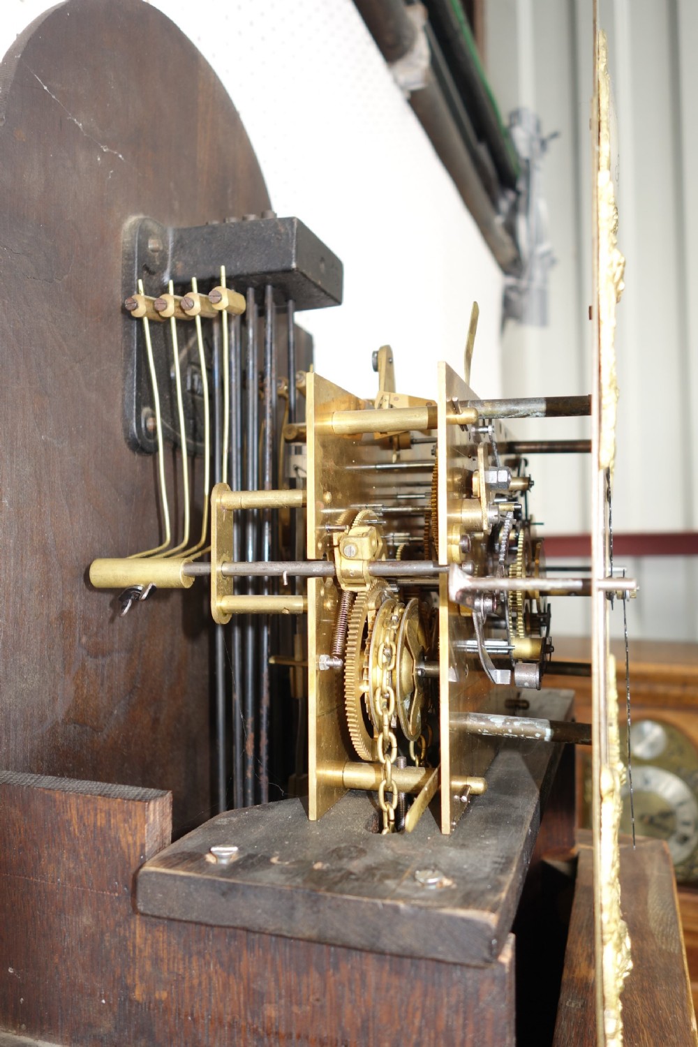 Light Honey Coloured Oak Triple Weight Westminster Chiming Grandmother or Grandfather Longcase Clock - Circa 1920 View VI