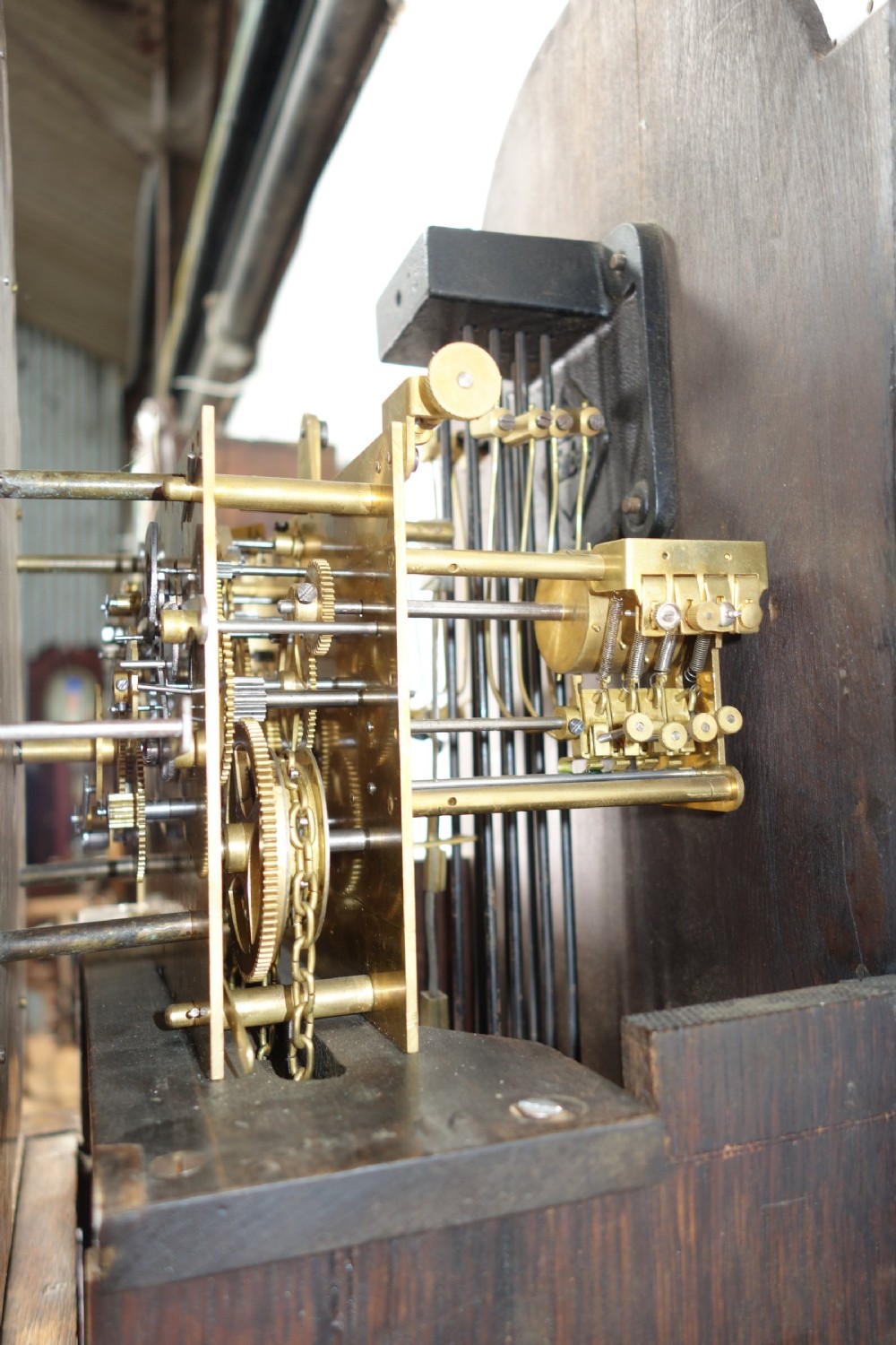 Light Honey Coloured Oak Triple Weight Westminster Chiming Grandmother or Grandfather Longcase Clock - Circa 1920 View VII