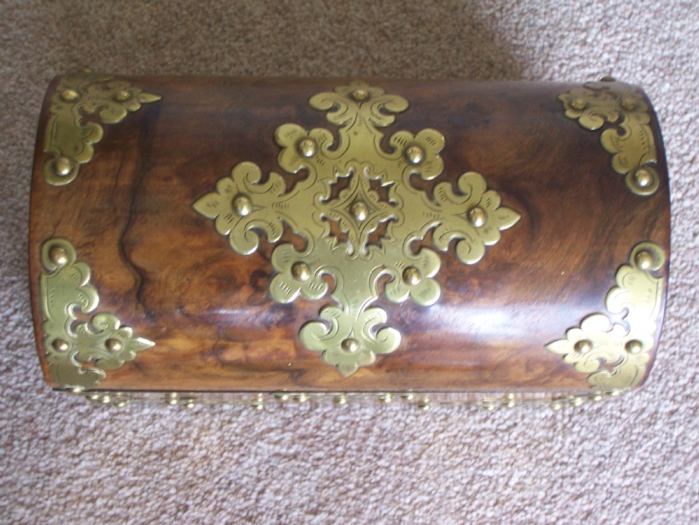 A Victorian burr walnut stationery box featuring a domed lid decorated with pierced brass mounts and corner straps. View II