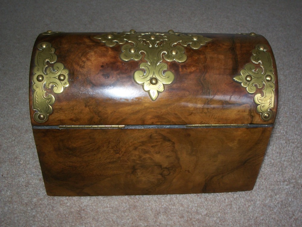 A Victorian burr walnut stationery box featuring a domed lid decorated with pierced brass mounts and corner straps. View III