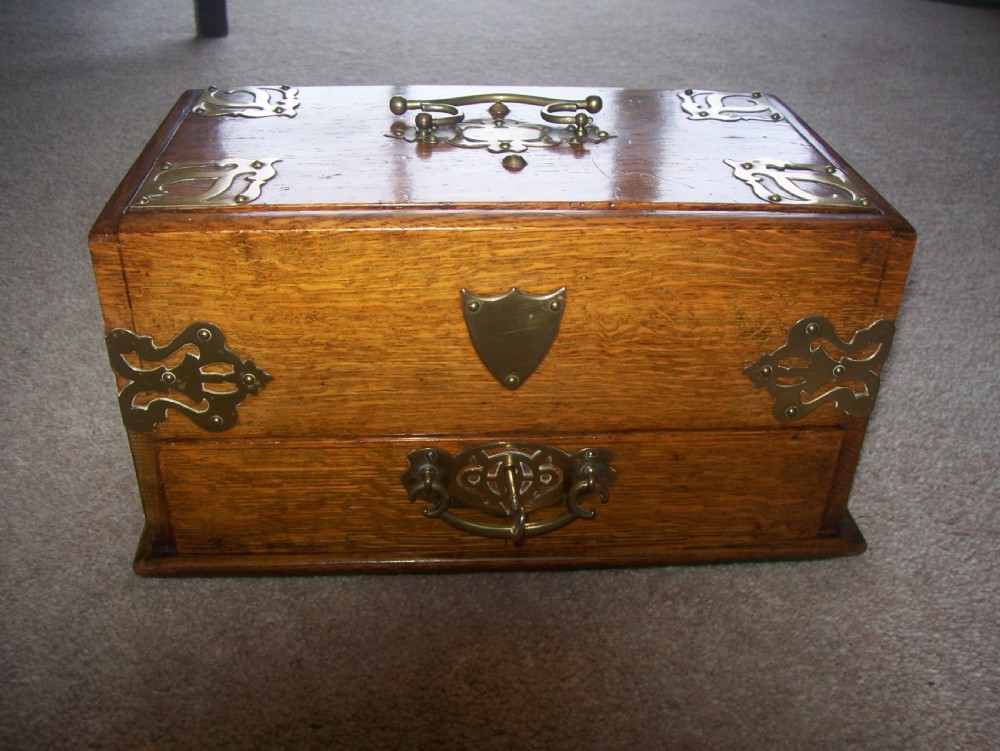 Victorian oak cigar box with brass mounts