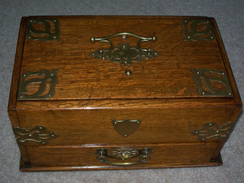 Victorian oak cigar box with brass mounts View II