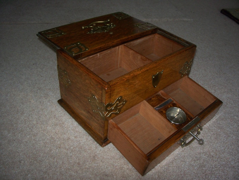 Victorian oak cigar box with brass mounts View III