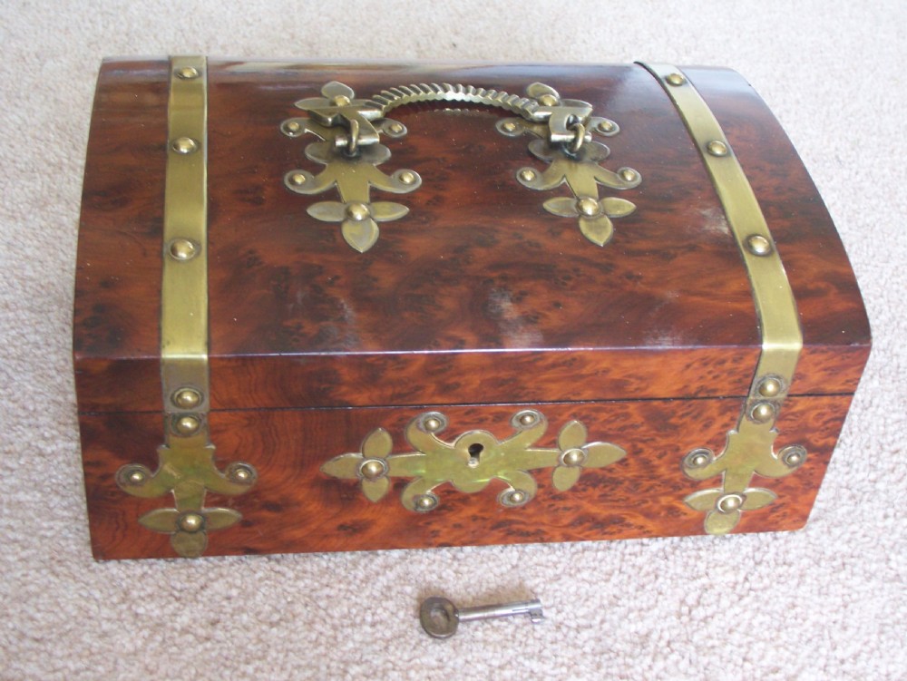Burr Walnut silk lined low dome sewing or jewellery box 