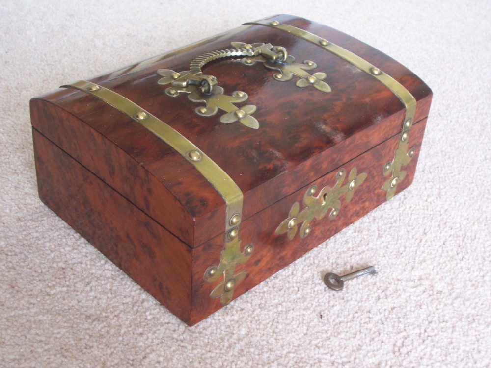 Burr Walnut silk lined low dome sewing or jewellery box  View II
