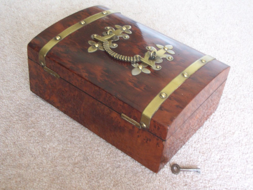Burr Walnut silk lined low dome sewing or jewellery box  View V