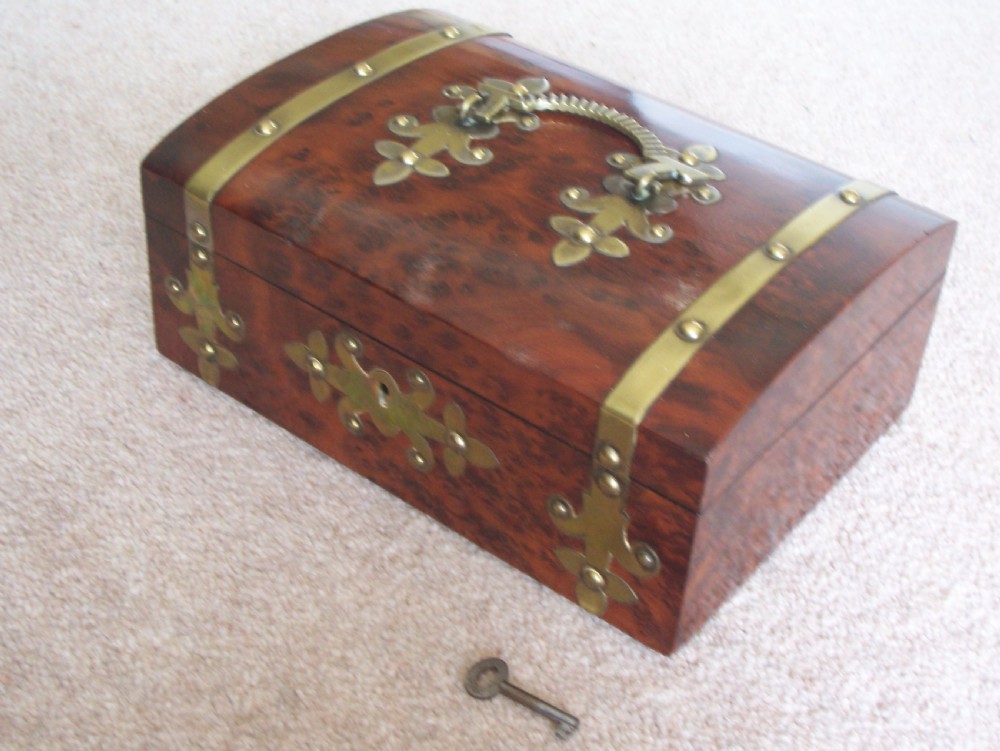 Burr Walnut silk lined low dome sewing or jewellery box  View VI