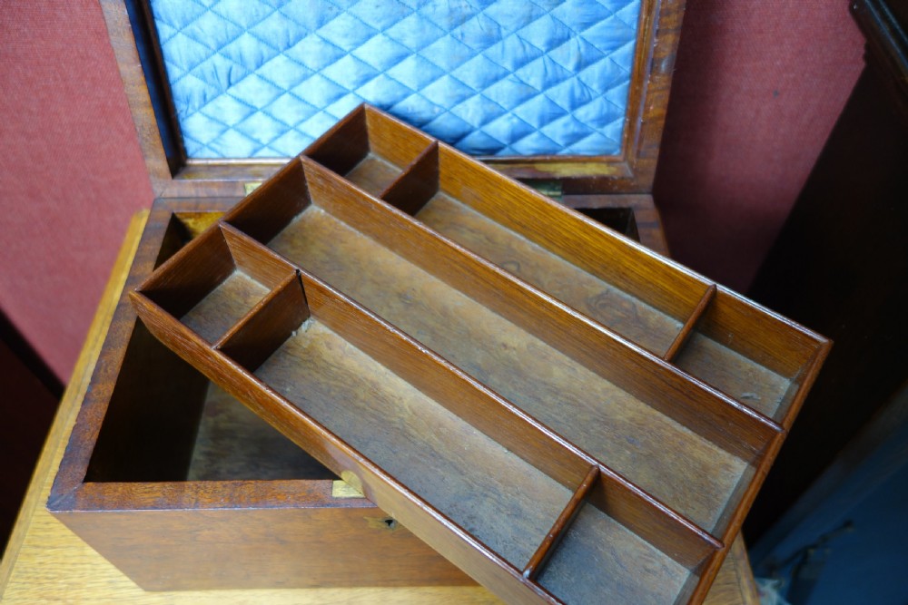 Figured Mahogany Jewelry or Sewing Box with fit out Top Section View VI
