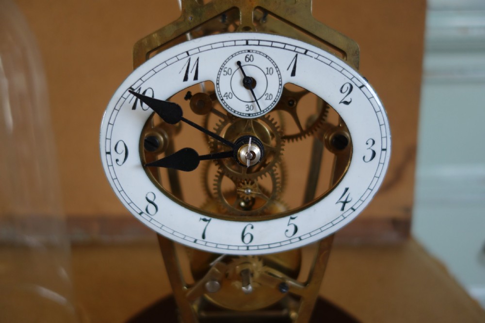 Brass Art Nouveau Skeleton Clock with Passing Strike in Dome View III