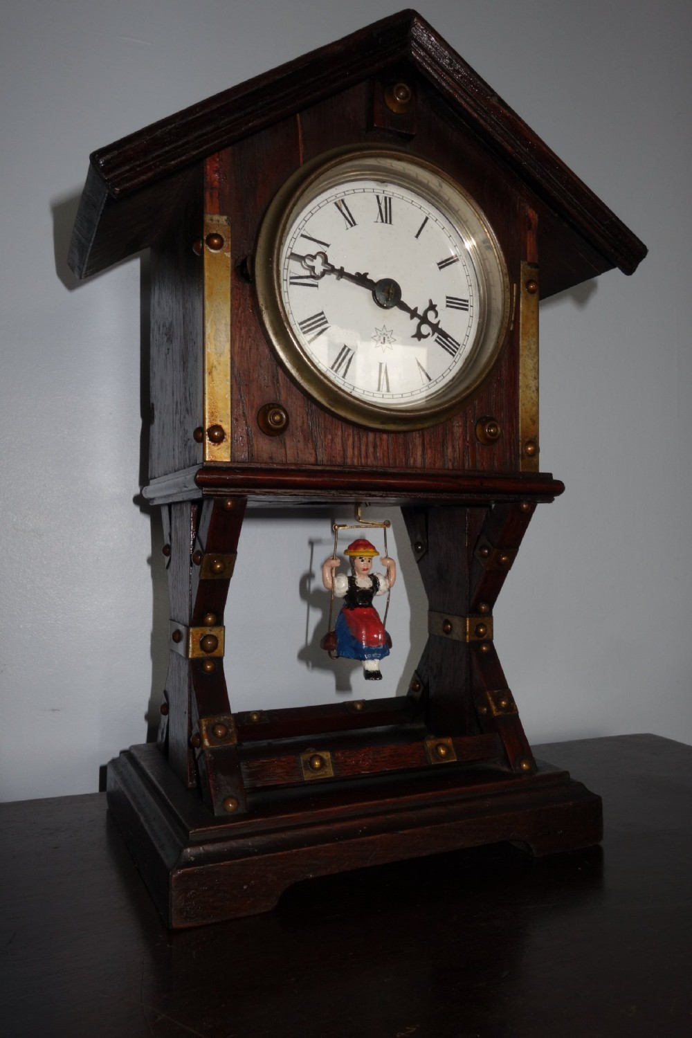 Swinging Maiden Pendulum Automaton Black Forest Junghans  Mantel Wooden Chalet Clock - Late 19th/Early 20th Century View V