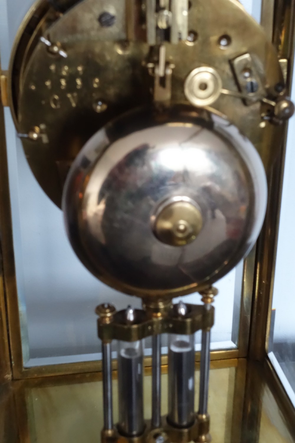 19th C. French Four (4) Glass Bell Striking Mantel Clock with Mercury Filled Pendulum  - Medal D'Honour View II