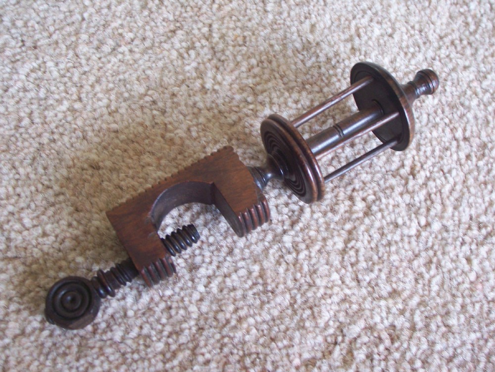 C19th treen cotton winder sewing clamp