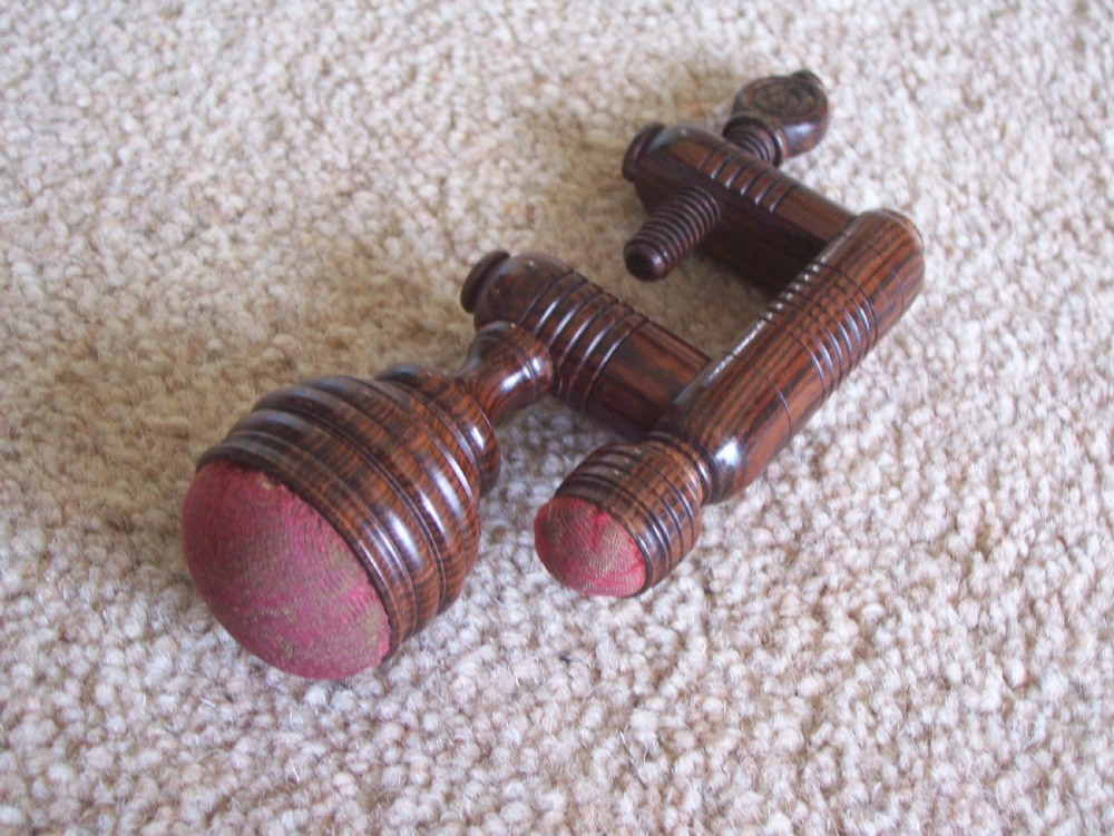 c19th Treen Rosewood double pin cushion sewing clamp View III