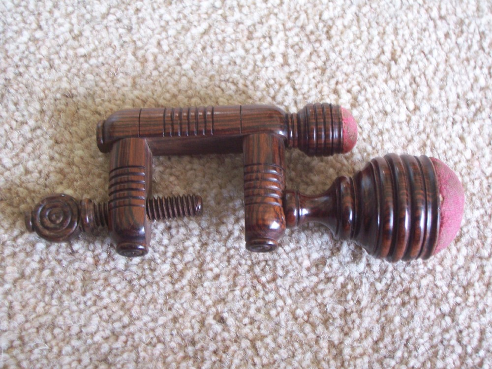 c19th Treen Rosewood double pin cushion sewing clamp