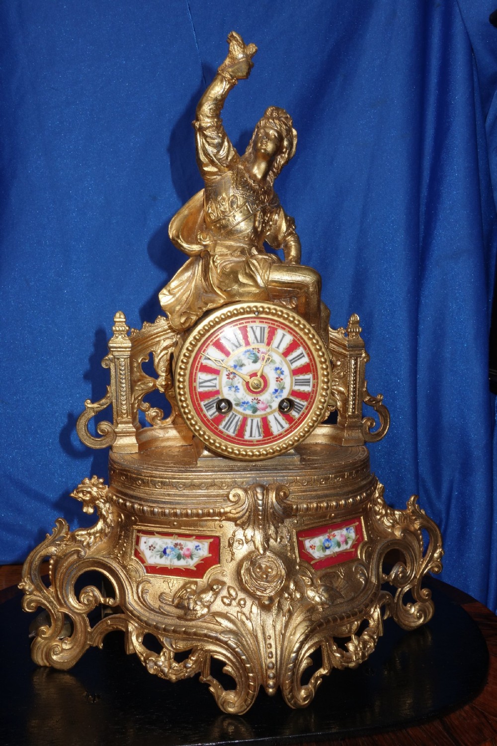 Gilt Metal French Striking Clock Sevres Style Hand Painted Panels Under Glass Dome