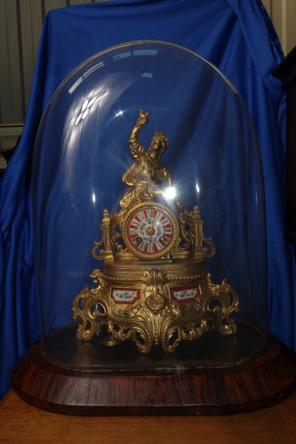 Gilt Metal French Striking Clock Sevres Style Hand Painted Panels Under Glass Dome View II