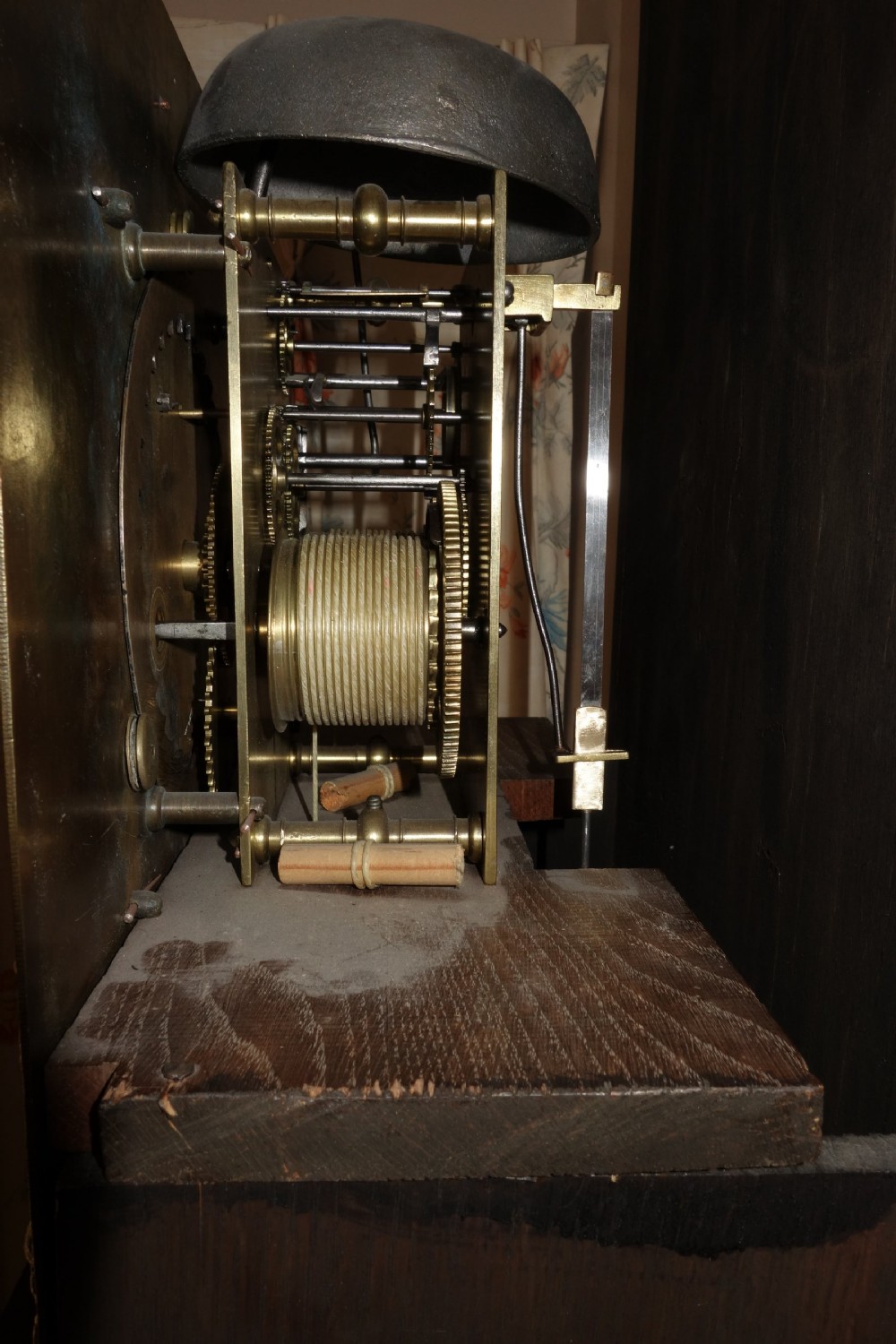 An early Georgian walnut longcase clock featuring a brass dial with Roman numerals, flanked by columns on the hood and a veneered wooden cabinet door. View IX