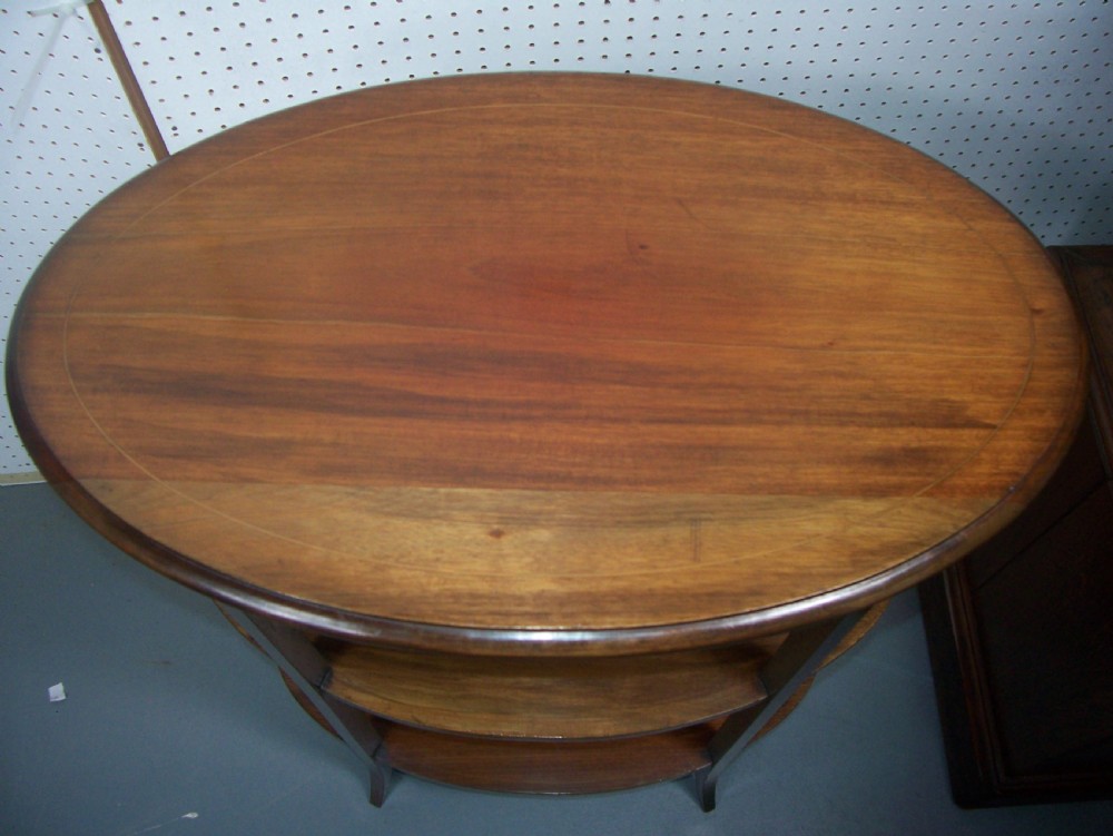 Edwardian mahogany 3 tier oval lamp wine occasional centre table etagere View II