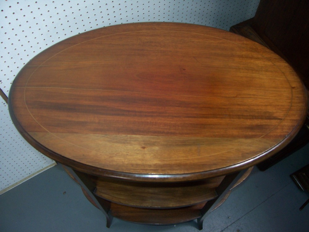 Edwardian mahogany 3 tier oval lamp wine occasional centre table etagere View V