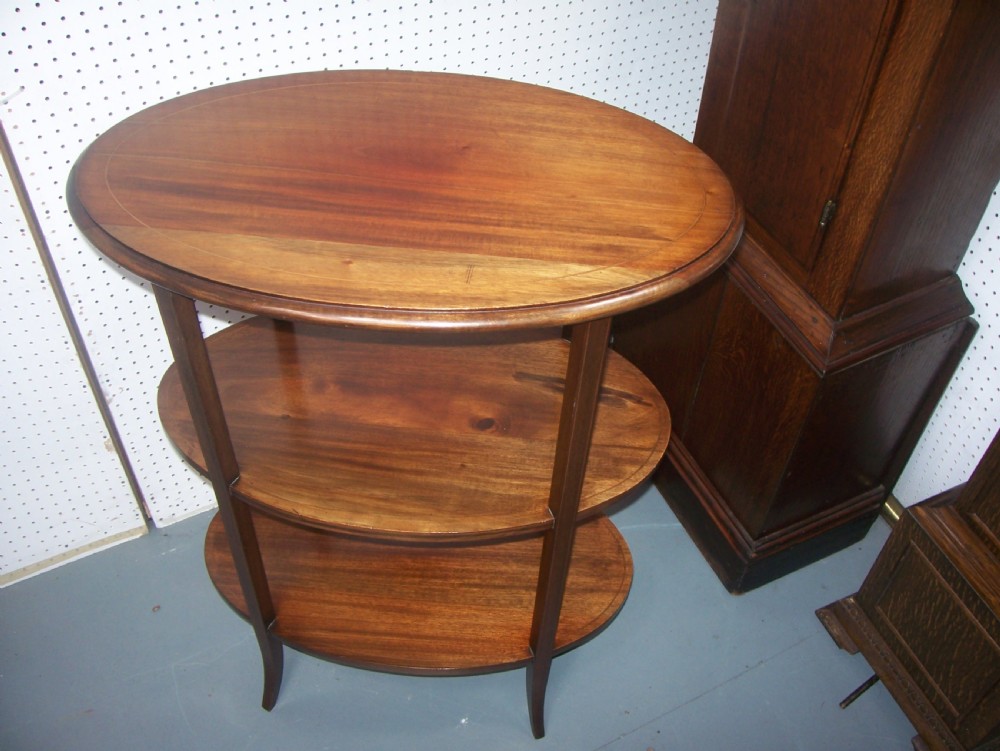 Edwardian mahogany 3 tier oval lamp wine occasional centre table etagere View VI