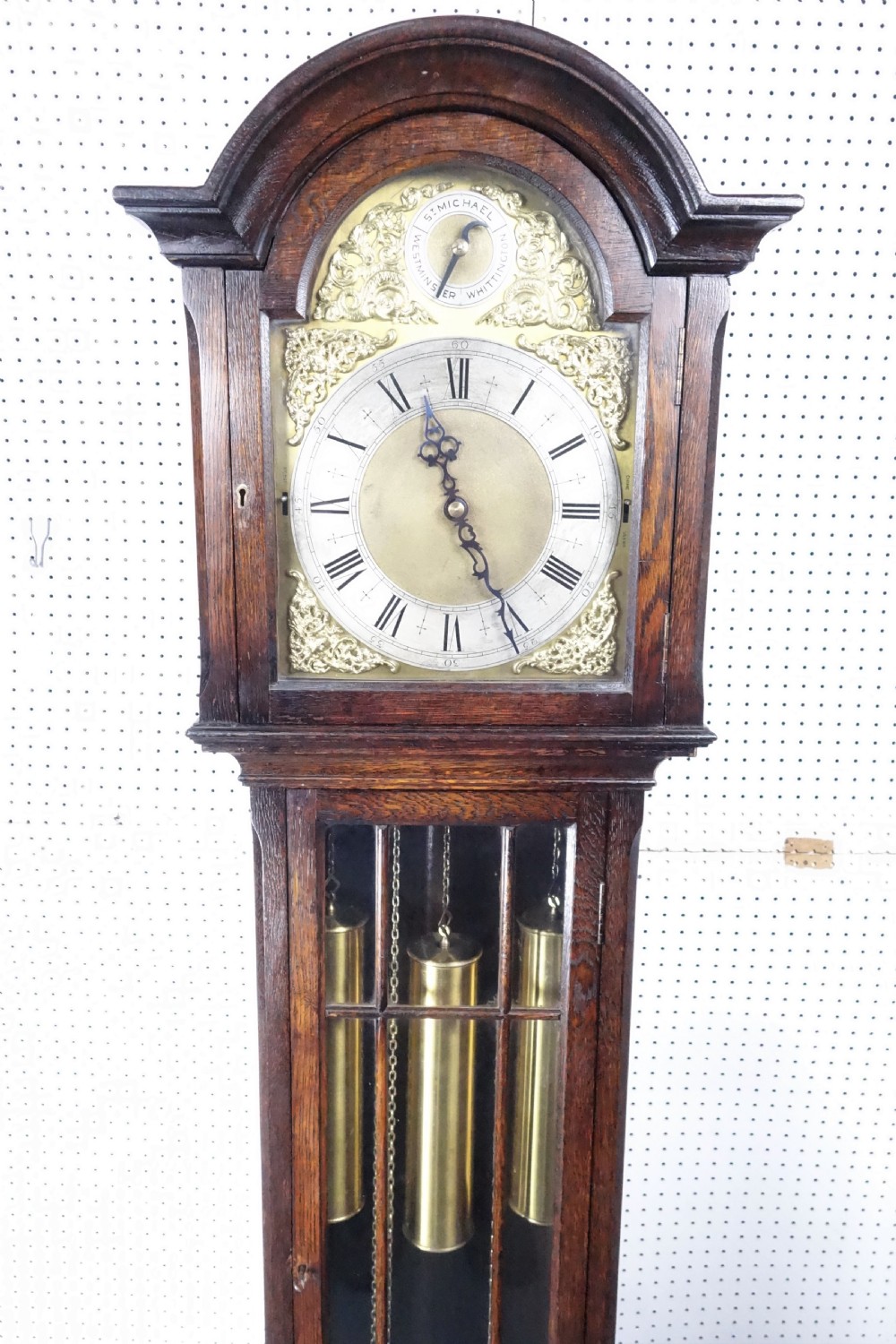 Top Quality Triple Tune Musical Triple Weight  Grandmother/Grandfather Longcase clock in an 18th Century Style Glass Fronted Oak Case - Circa 1920 View II