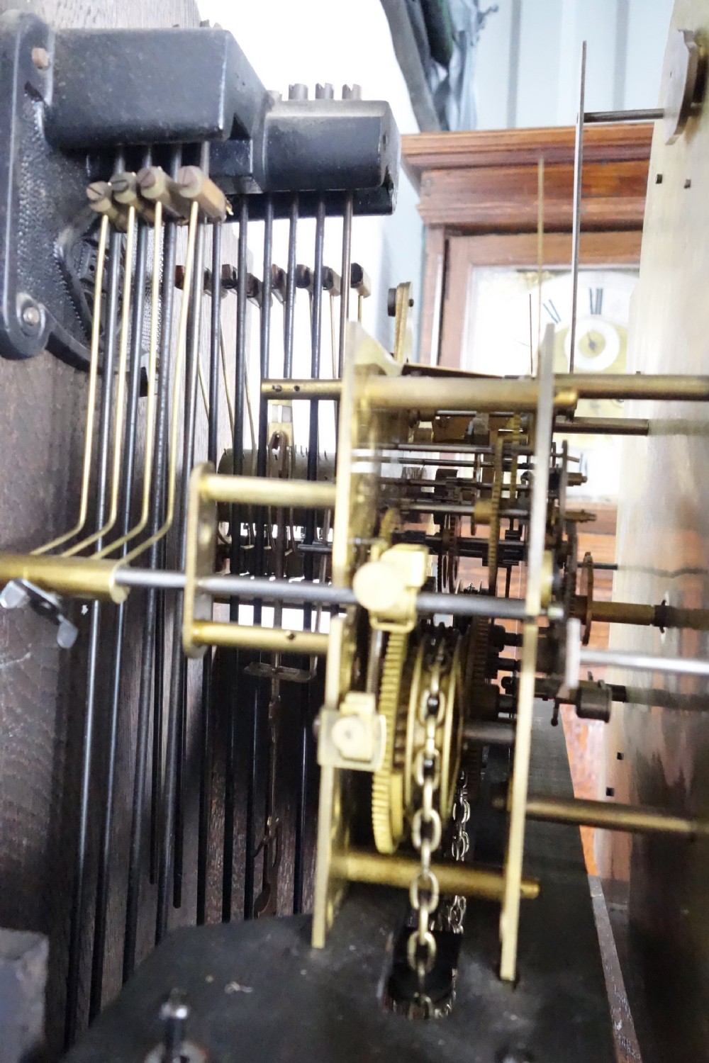 Top Quality Triple Tune Musical Triple Weight  Grandmother/Grandfather Longcase clock in an 18th Century Style Glass Fronted Oak Case - Circa 1920 View VI