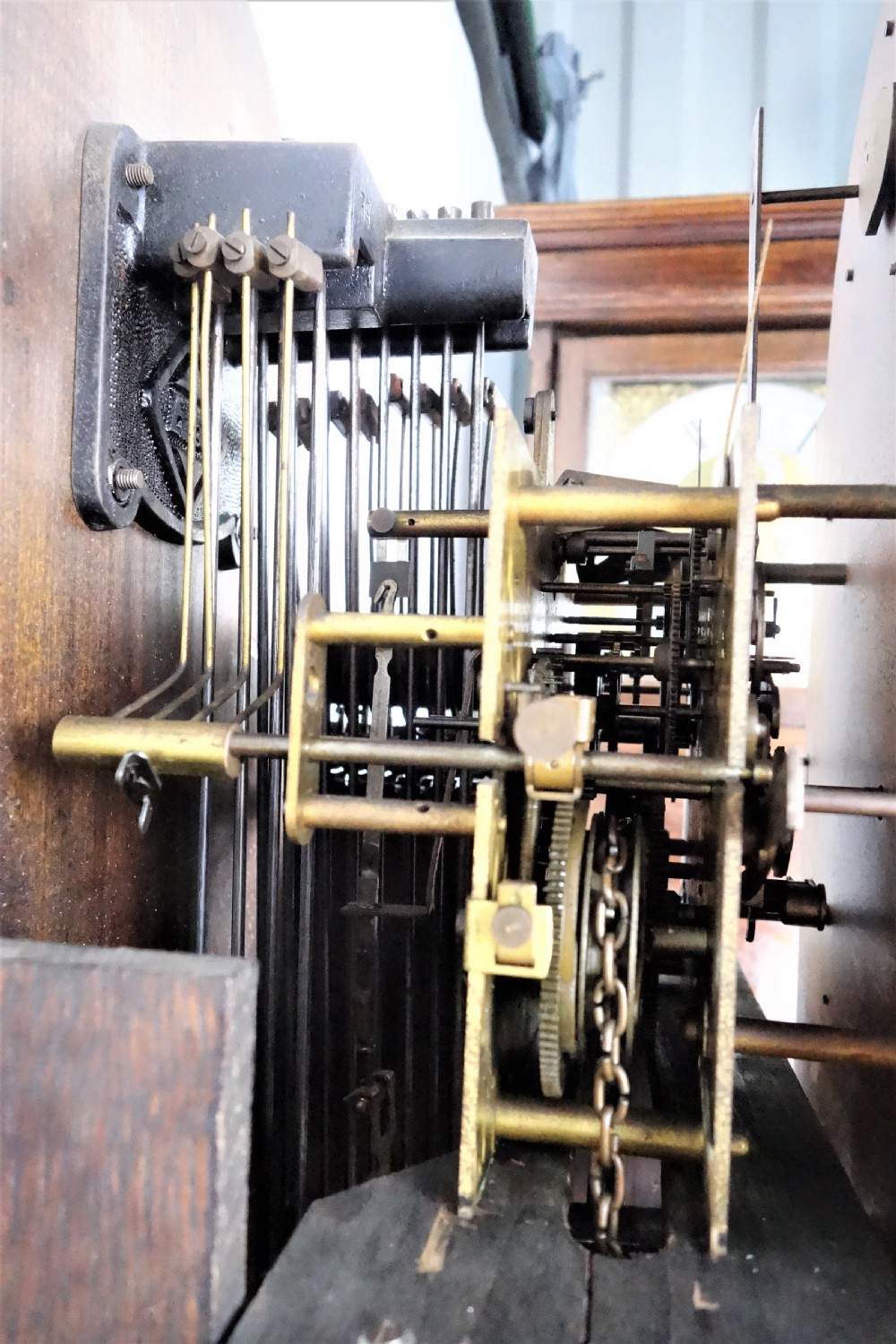 Good Quality Triple Musical Chiming Triple Weight Oak Cased Grandmother or Grandfather Clock - Strike/Silent & Chime/Silent Levers - Circa 1920 View V