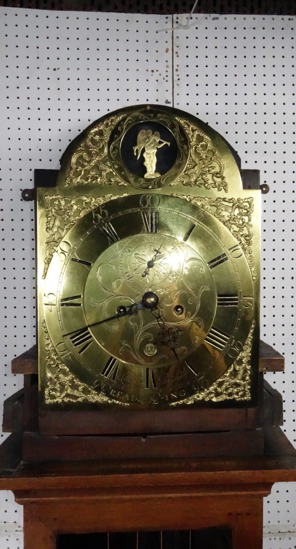 Georgian (George III) Swinging Angel Light Oak Grandfather Longcase Clock Thomas Dicker (I) of Reading Circa 1760 View III
