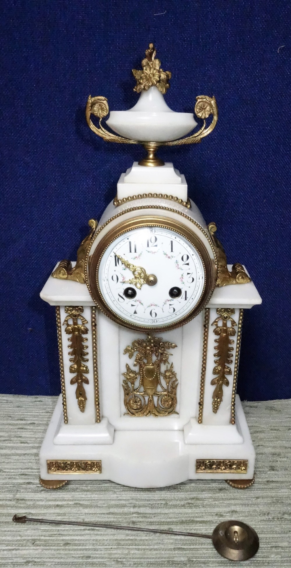 Beautiful White Marble & Ormolu (Gilt Bronze) Quality French 8 Day Bell Striking Mantel/Mantle Clock with Hand Painted Enamel Dial -  Circa 1870