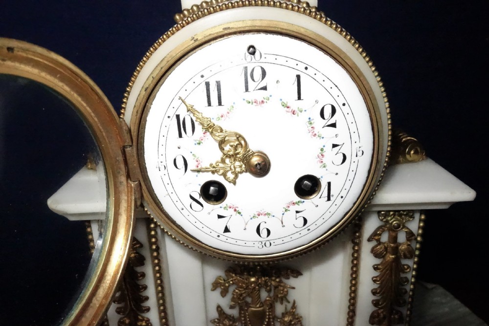 Beautiful White Marble & Ormolu (Gilt Bronze) Quality French 8 Day Bell Striking Mantel/Mantle Clock with Hand Painted Enamel Dial -  Circa 1870 View II