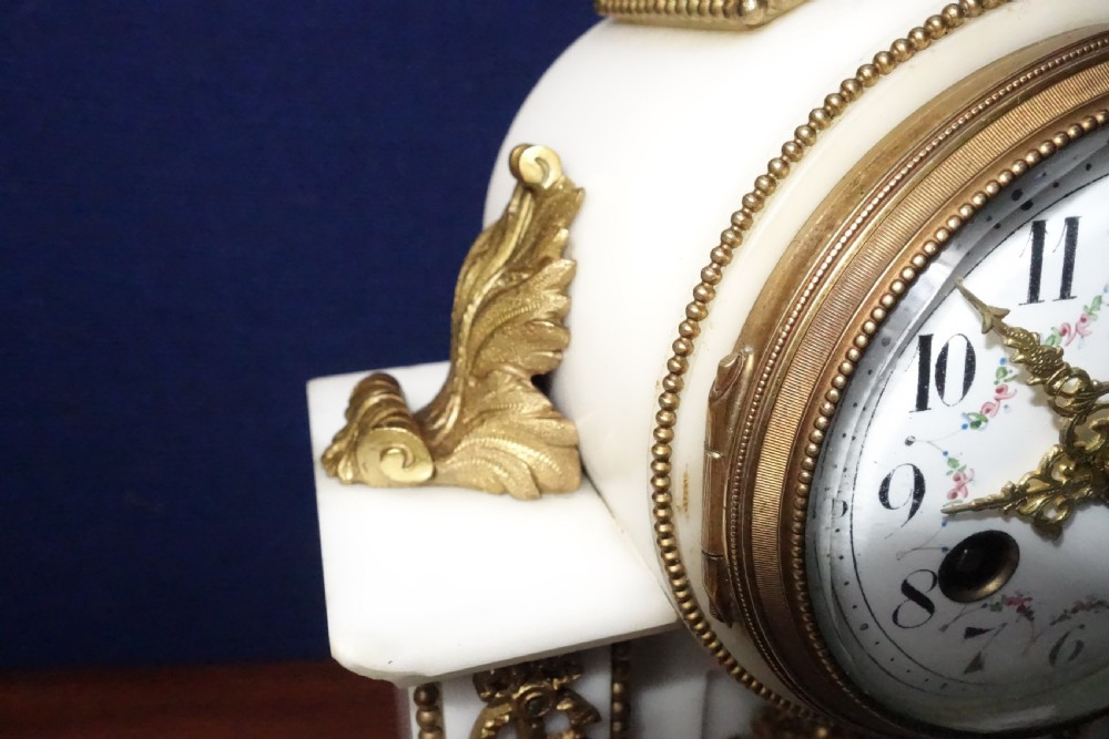 Beautiful White Marble & Ormolu (Gilt Bronze) Quality French 8 Day Bell Striking Mantel/Mantle Clock with Hand Painted Enamel Dial -  Circa 1870 View IV