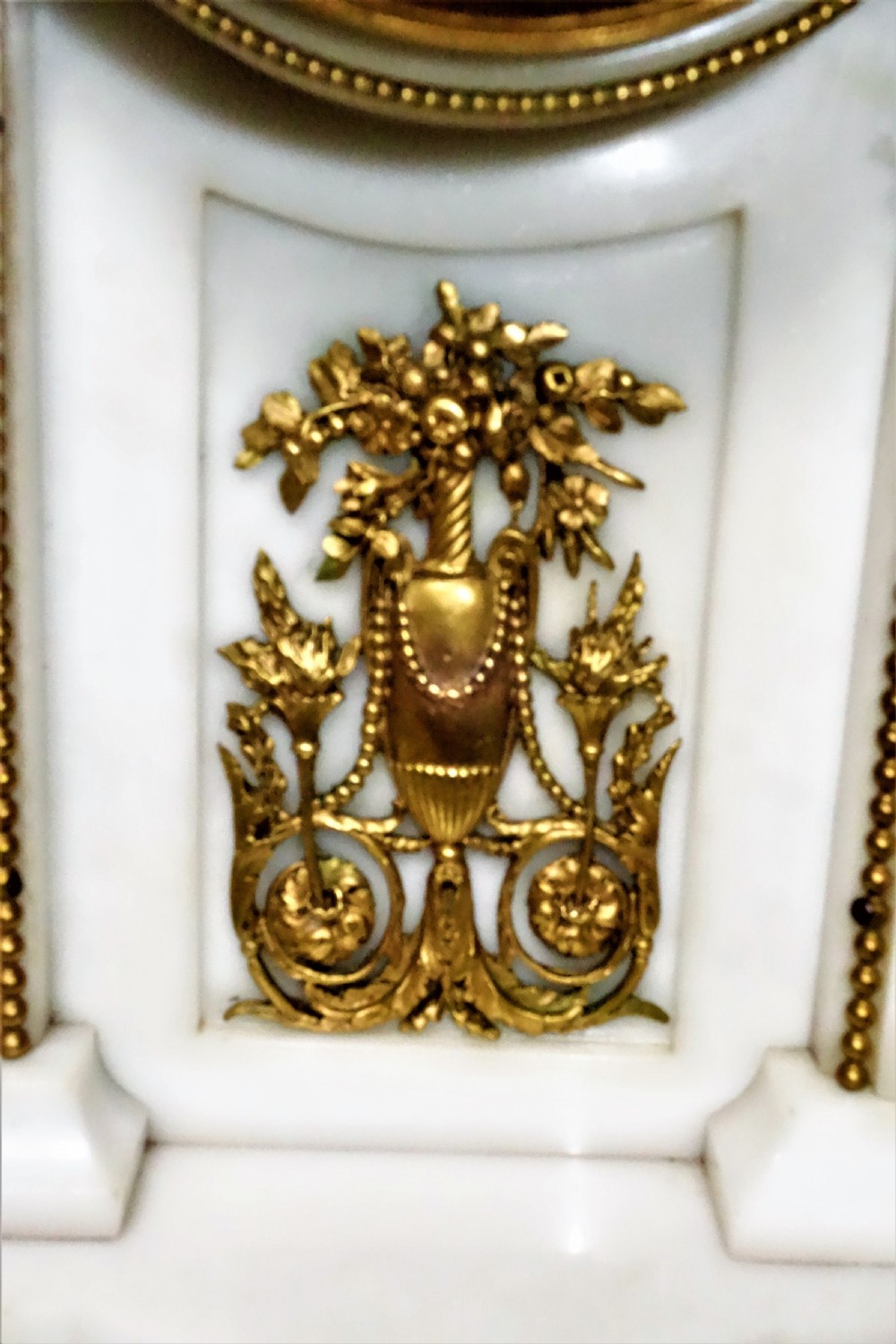 Beautiful White Marble & Ormolu (Gilt Bronze) Quality French 8 Day Bell Striking Mantel/Mantle Clock with Hand Painted Enamel Dial -  Circa 1870 View V
