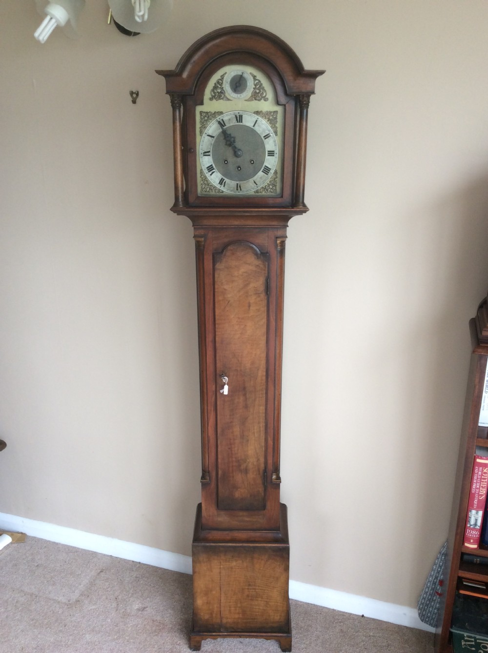 Gustav Becker Late 19th C. Figured Walnut Petite Chiming Grandfather or Grandmother Longcase Clock
