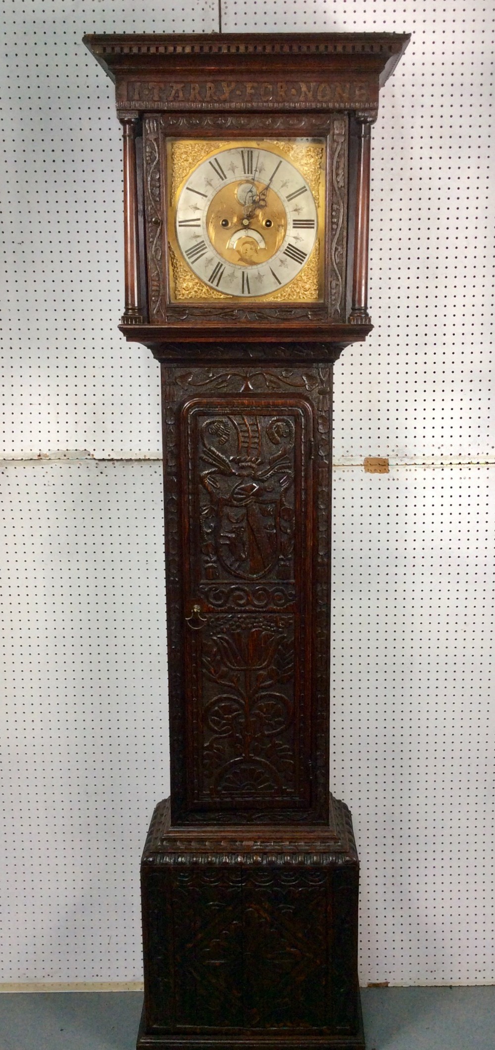 18th C. George III Lake District Carved Oak Grandfather Longcase Clock. I TARRY FOR NONE.