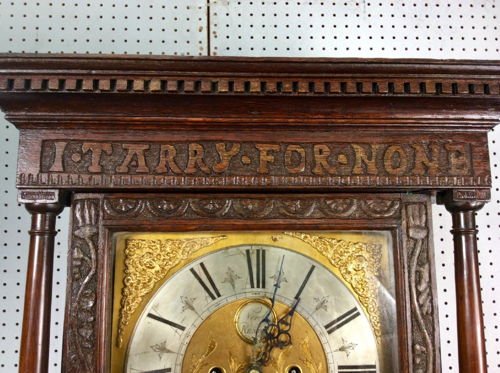 18th C. George III Lake District Carved Oak Grandfather Longcase Clock. I TARRY FOR NONE. View II