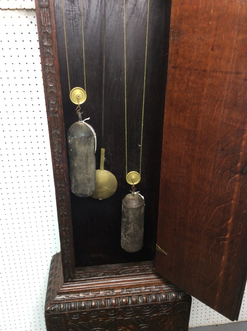 18th C. George III Lake District Carved Oak Grandfather Longcase Clock. I TARRY FOR NONE. View IV