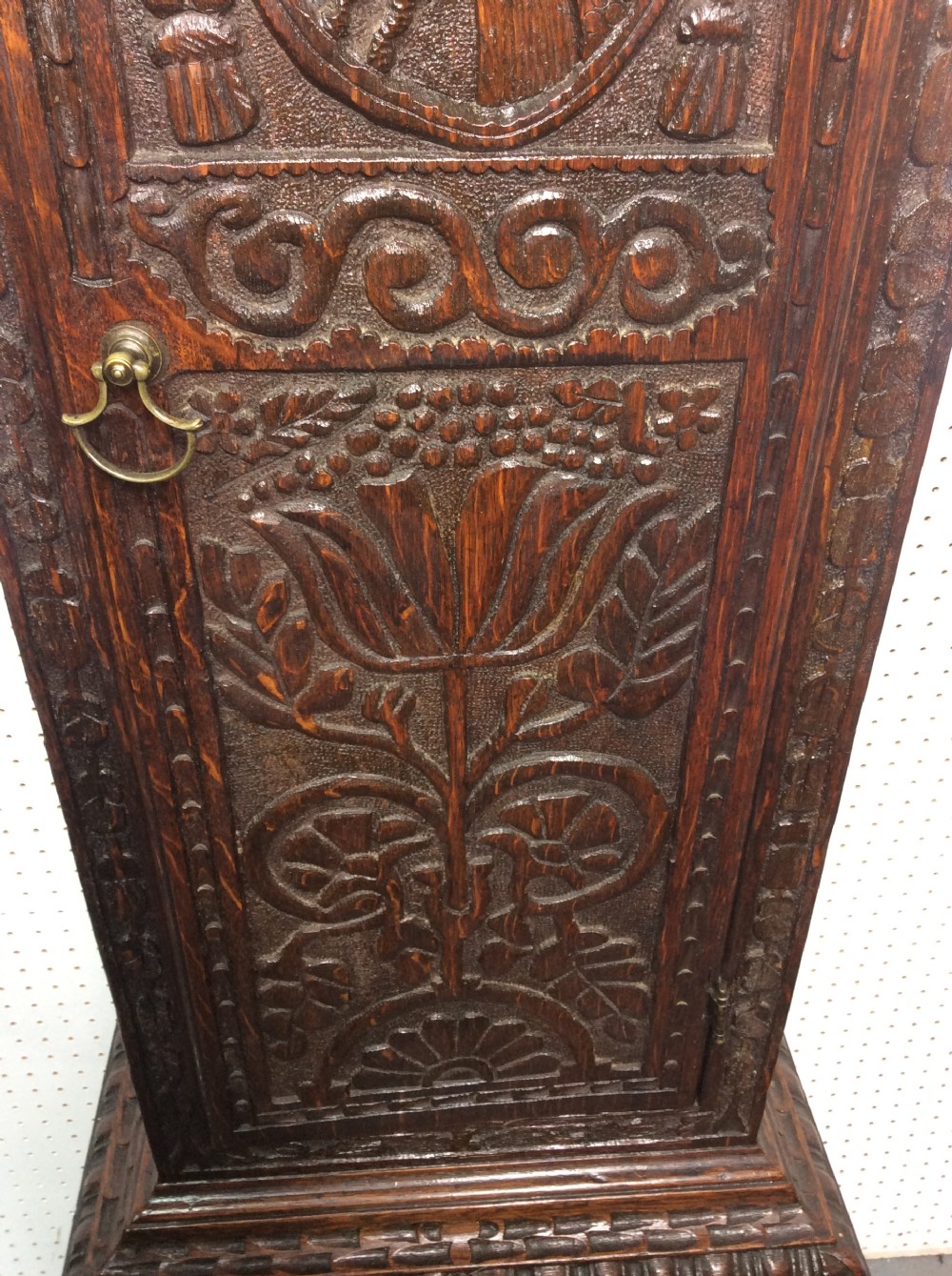 18th C. George III Lake District Carved Oak Grandfather Longcase Clock. I TARRY FOR NONE. View VI