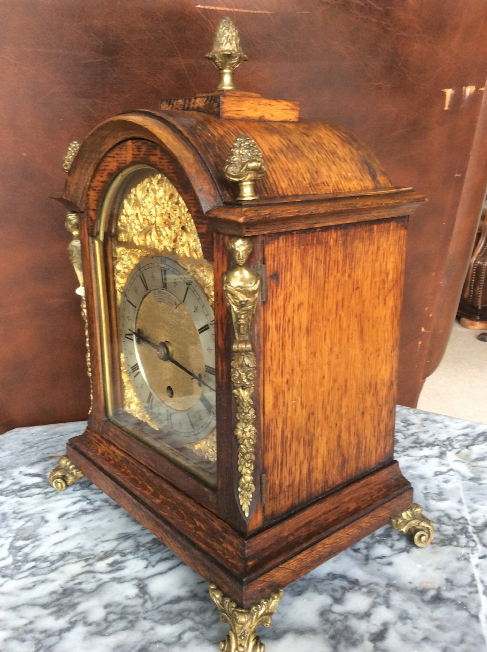 Small 19th C Fusee Oak Bracket or Mantel/Mantle  8 Day Timepiece Clock - Webster -Established 1711 View IV