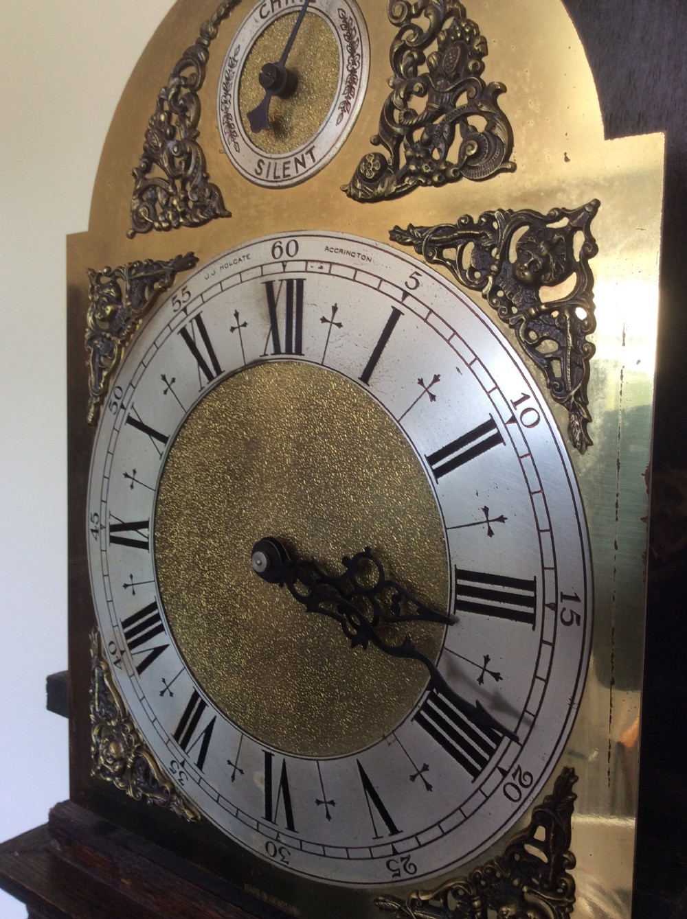Triple Weight Westminster Chiming Musical Grandmother or Grandfather Oak Longcase Clock with Glass Door and Strike Silent  View VI