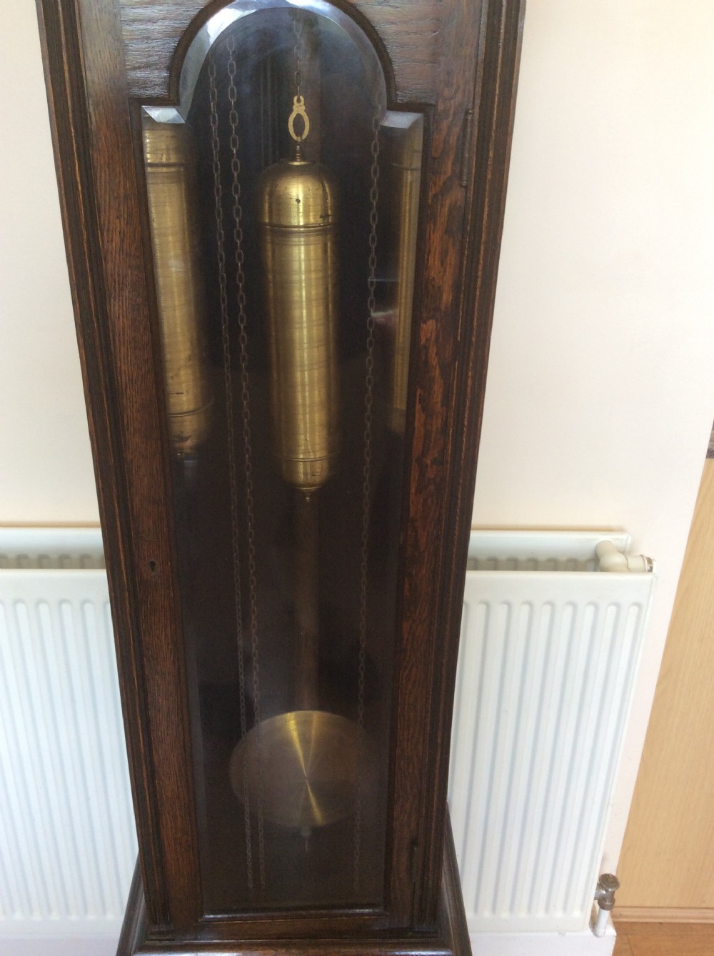 Triple Weight Westminster Chiming Musical Grandmother or Grandfather Oak Longcase Clock with Glass Door and Strike Silent  View IX