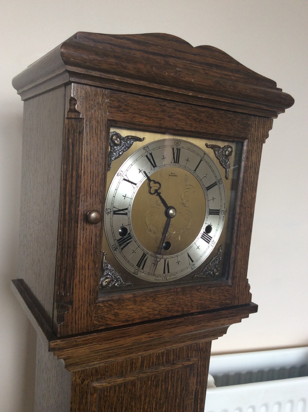 Oak Granddaughter Clock - In 1954 Elliott introduced their Unique “SILENT OVER NIGHT” Chiming Mechanism View III
